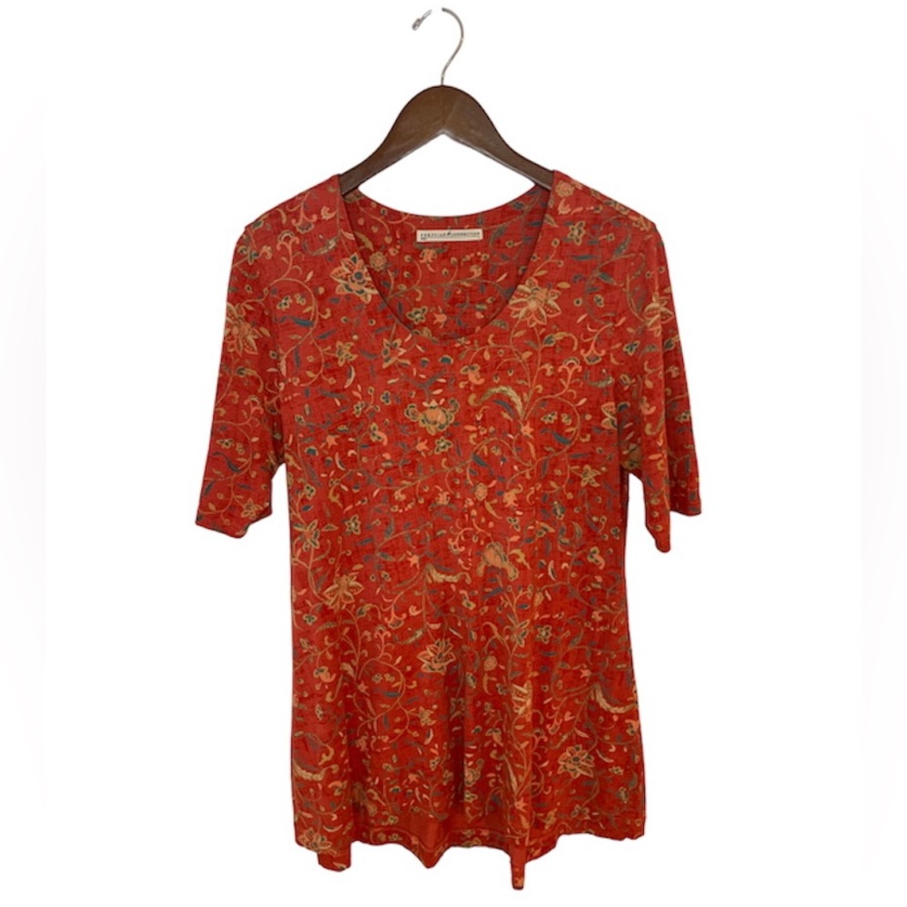 Peruvian Connection Artemis Tunic Shirt Women’s Size Large Floral Short Sleeve - Picture 2 of 9